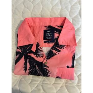 Spicy Tuna Palm Tree Hawaiian‎ Shirt Tropical Resort Wear Pink Black Size 14